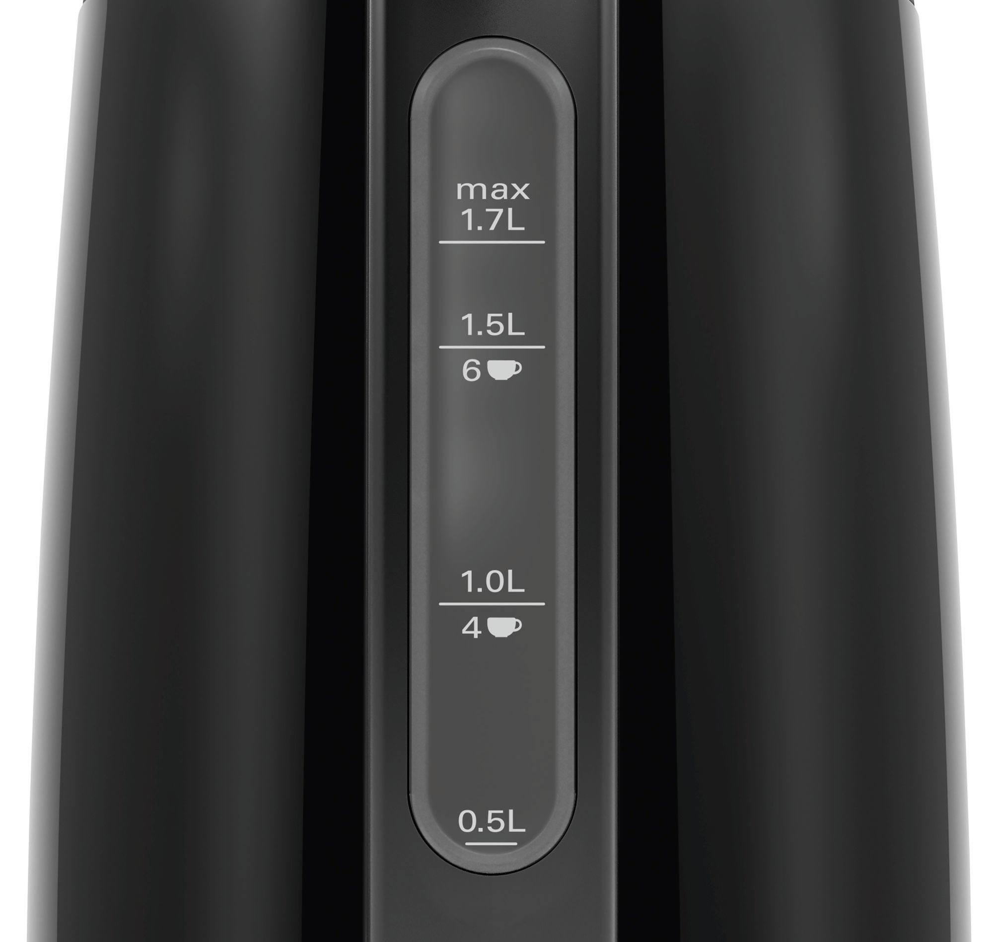 Fekete vízforraló átlátszó vízszintjelzővel, amely maximum 1,7L-t mutat.