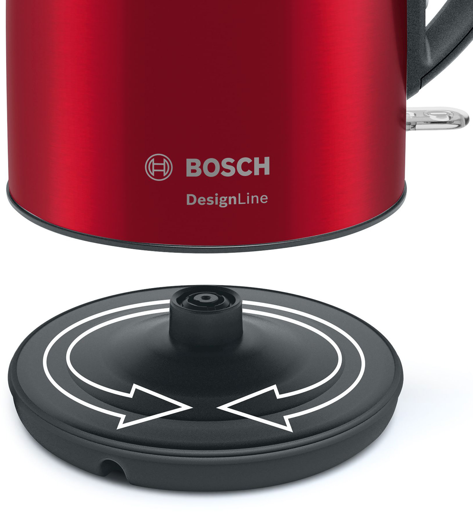 Vörös Bosch vízforraló és fekete talpának közeli képe, fehér nyilak a forgást jelzik.