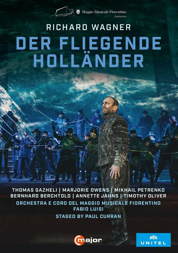Opernplakat für "Der Fliegende Holländer" von Richard Wagner. Zeigt einen Mann und Text.