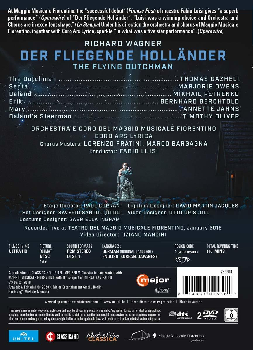 Rückseite einer DVD-Hülle. Text in Englisch und Italienisch über eine Oper mit dunklem Hintergrund und Mann auf der Bühne.