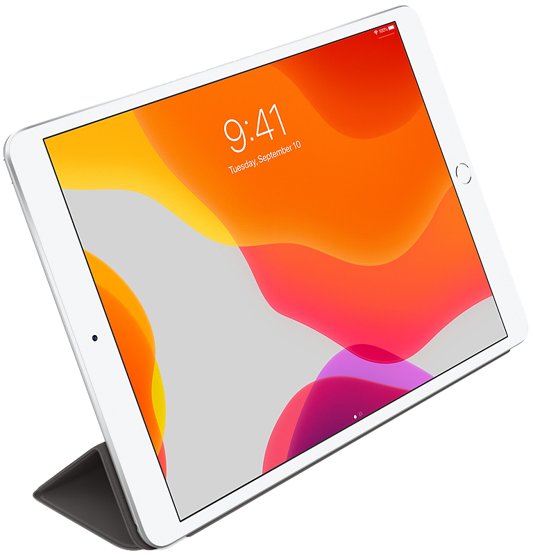 White tablet with a colorful display and a black case.