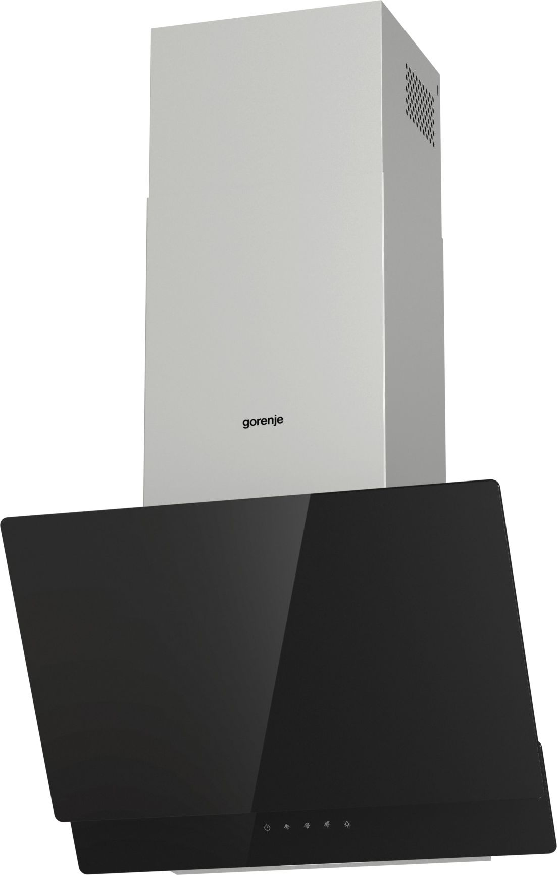 Fehér és fekete konyhai páraelszívó. Gorenje márka. A páraelszívón fekete üvegpanel van.