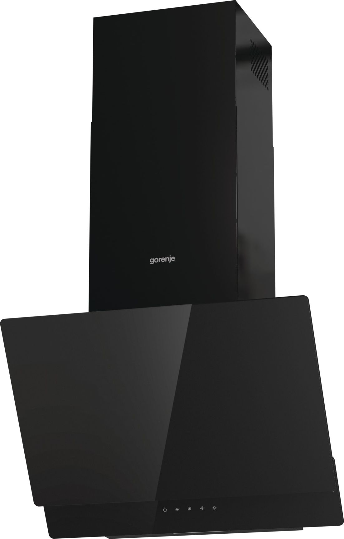 Fekete konyhai páraelszívó üveg előlappal és Gorenje logóval.