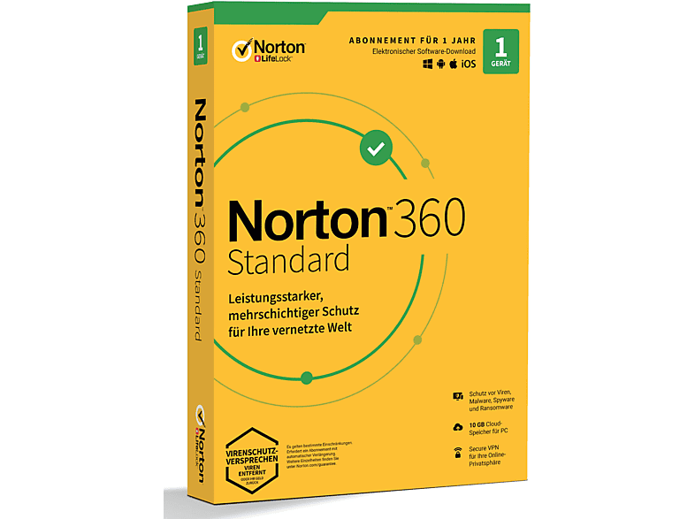 Norton 360 Standard Gerät Android) 1 Jahr - - (PC, iOS, 1 Benutzer - 10GB Cloud-Speicher MAC, 1 