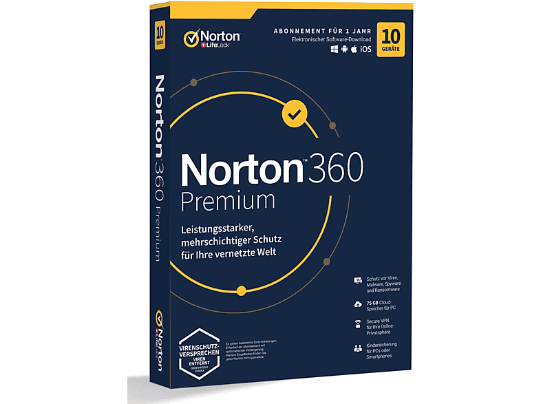 Norton 360 Premium - 1 Benutzer - 10 Geräte - 1 Jahr - 75GB Cloud-Speicher (PC, iOS, MAC, Android)
