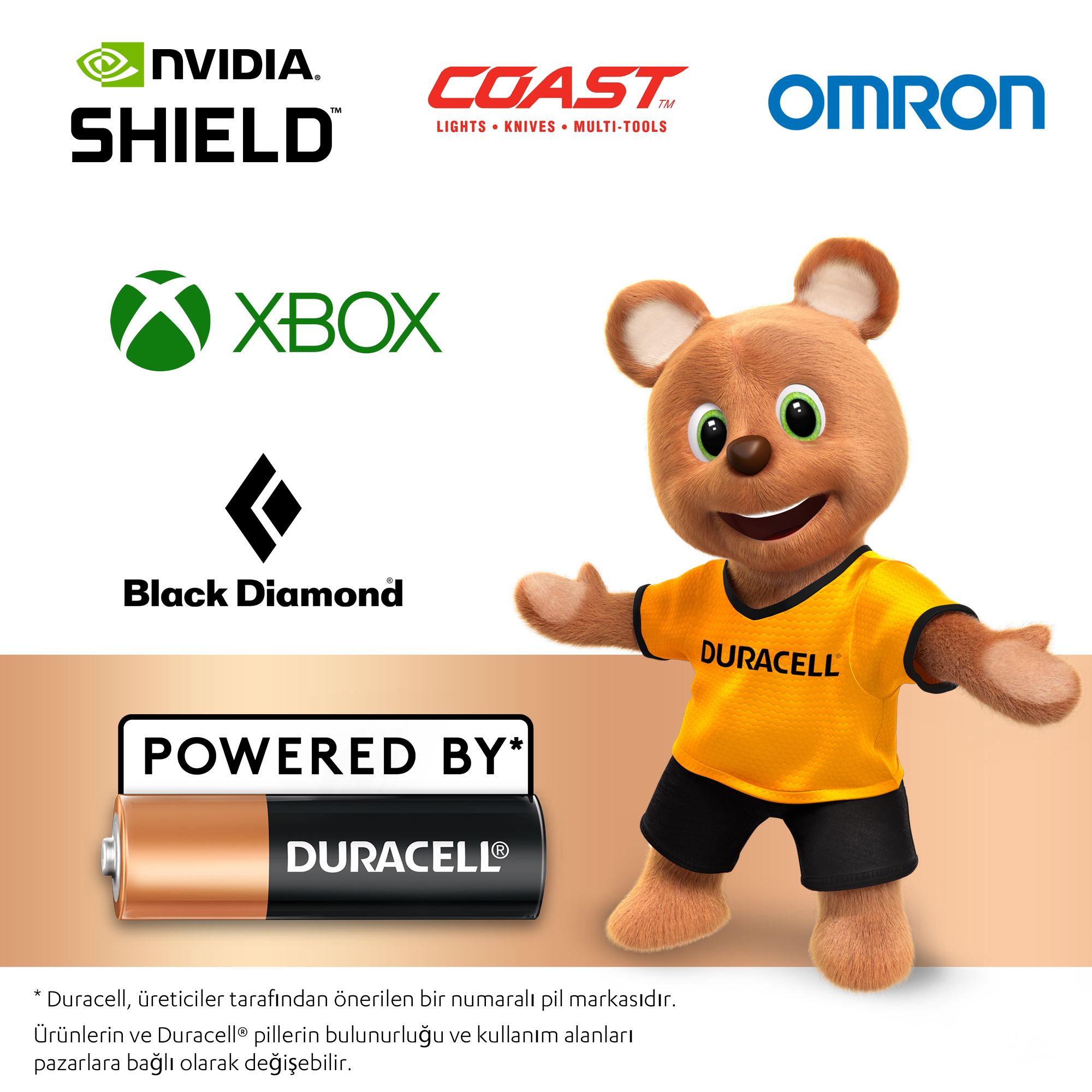 Nvidia, Coast, Omron, Xbox, Black Diamond logoları, Duracell ayısı ve Duracell pili.