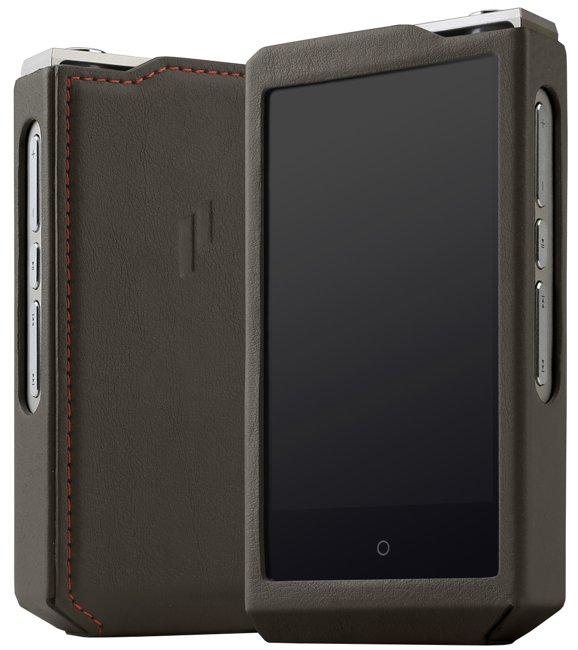 Étui en cuir marron pour appareil mobile, écran visible.