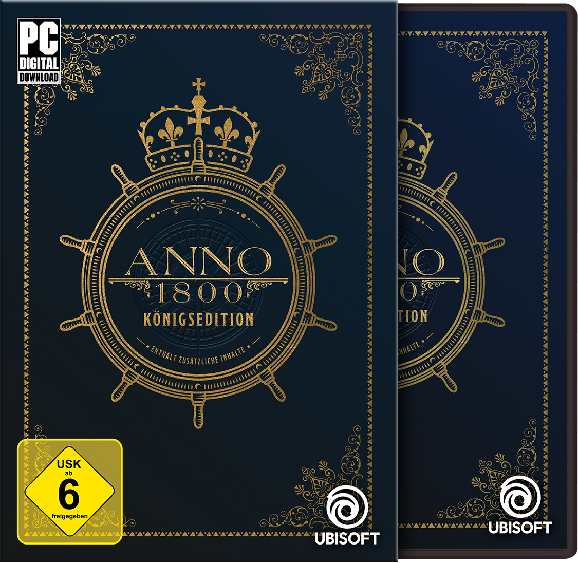 Anno 1800 Königsedition Spielbox-Set mit zwei Spielhüllen auf dunkelblauem Grund.