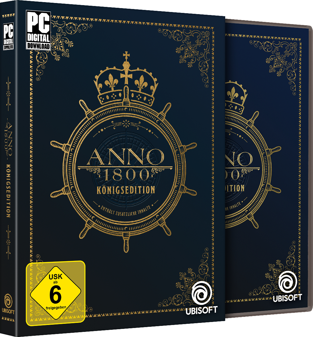 Spielbox-Set. Marineblau, Golddesign, Titel 'Anno 1800'.