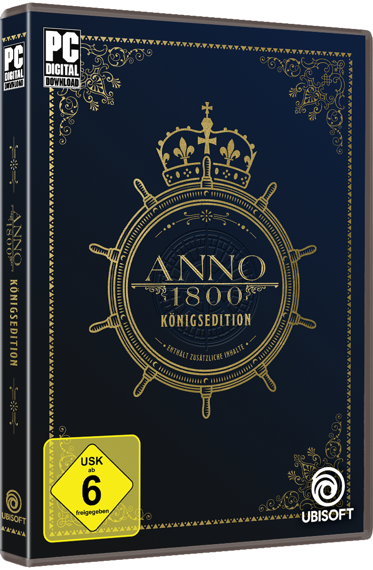 Spielbox für PC: Anno 1800, marineblauer Einband mit goldenem Kronen- und Schiffsraddesign.