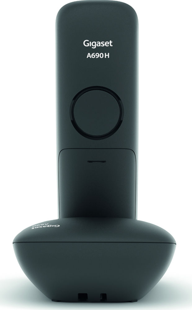 Téléphone sans fil noir sur fond blanc. Le téléphone a une base et un combiné.