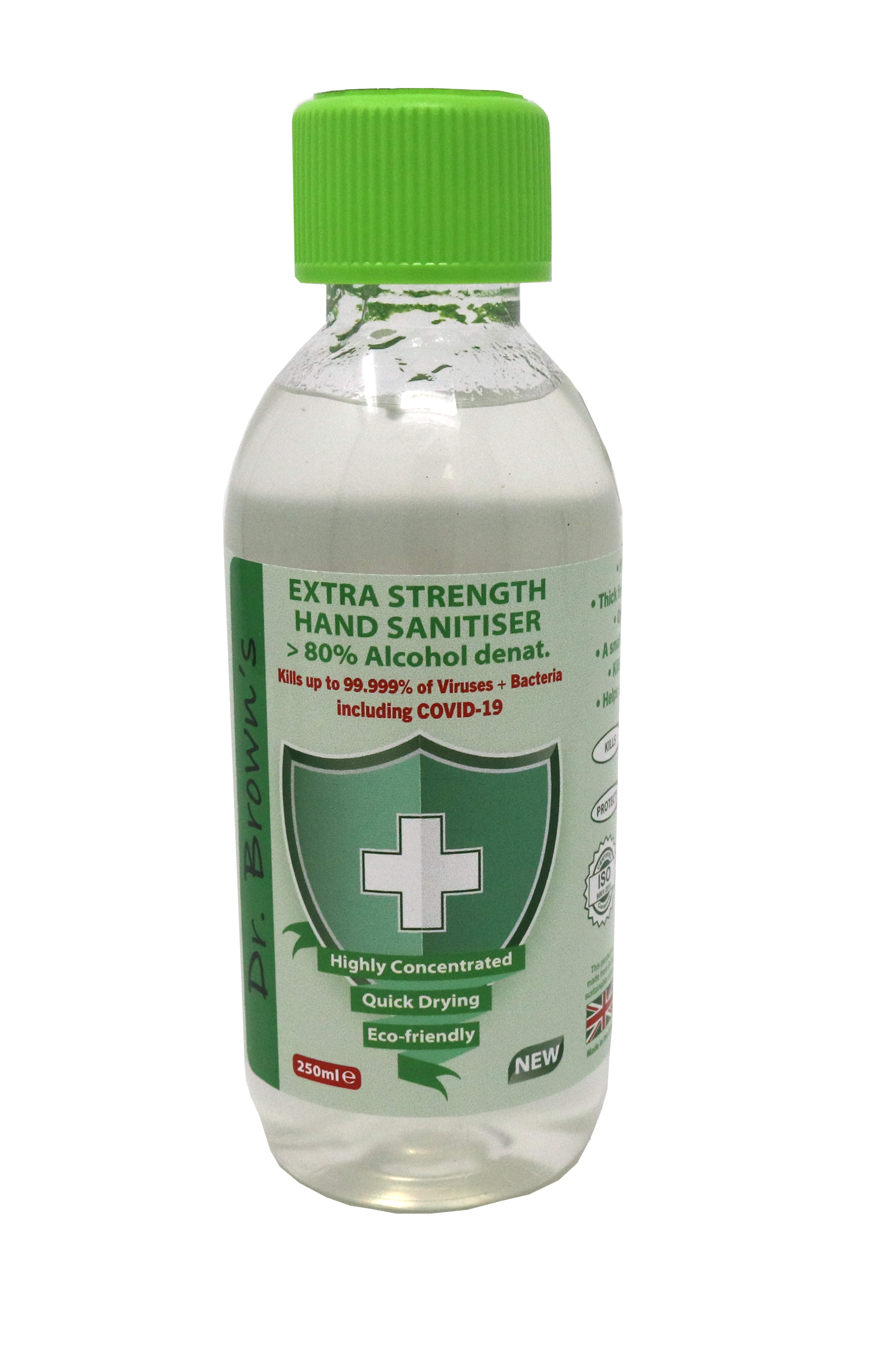 Eine Flasche Händedesinfektionsmittel mit grünem Verschluss.