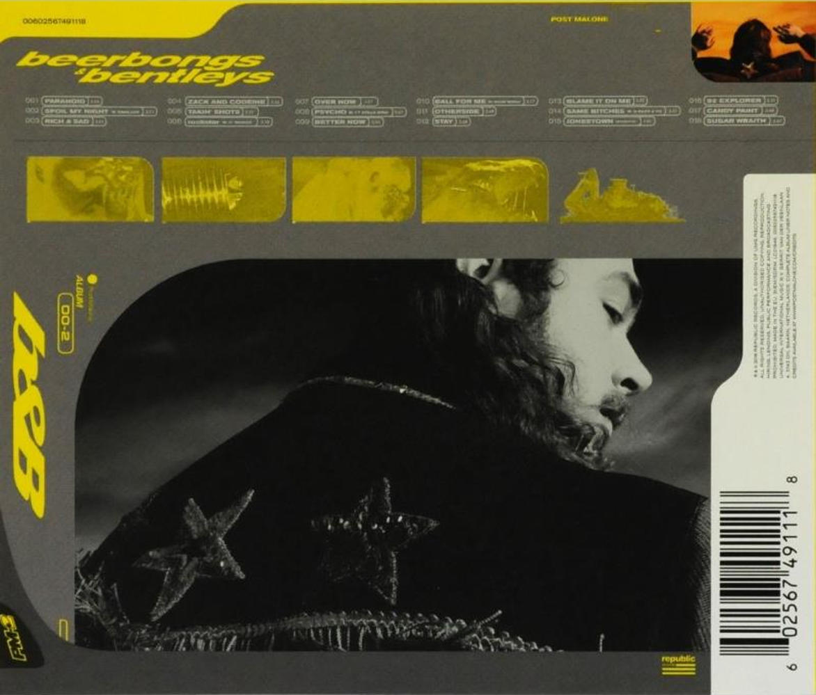 Album borító Post Malone arcával és a 'beerbongs & bentleys' számlistájával.