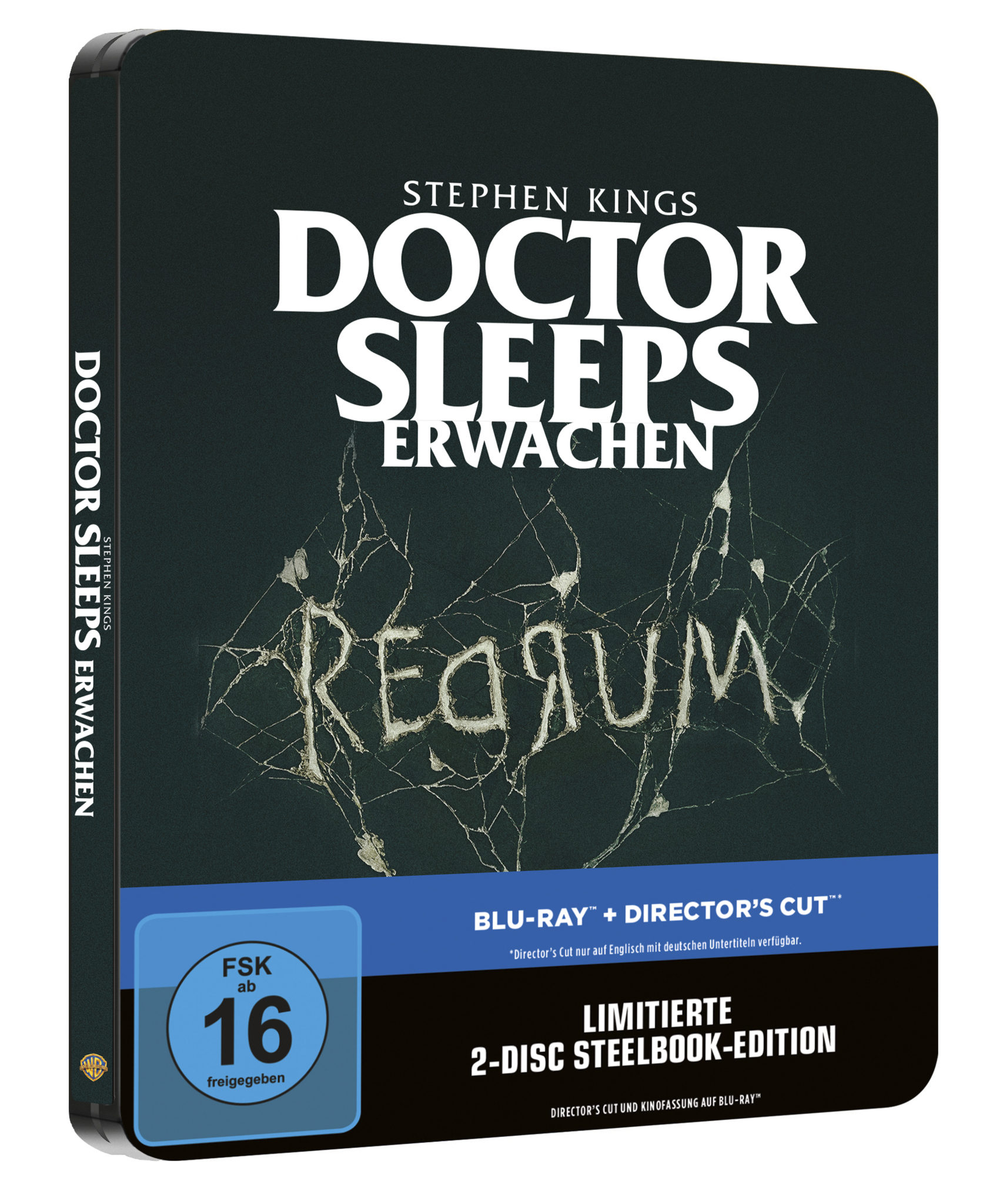 DVD-Hülle für 'Doctor Sleep'. Dunkles Cover mit weißem Text und einem blauen FSK 16-Aufkleber.