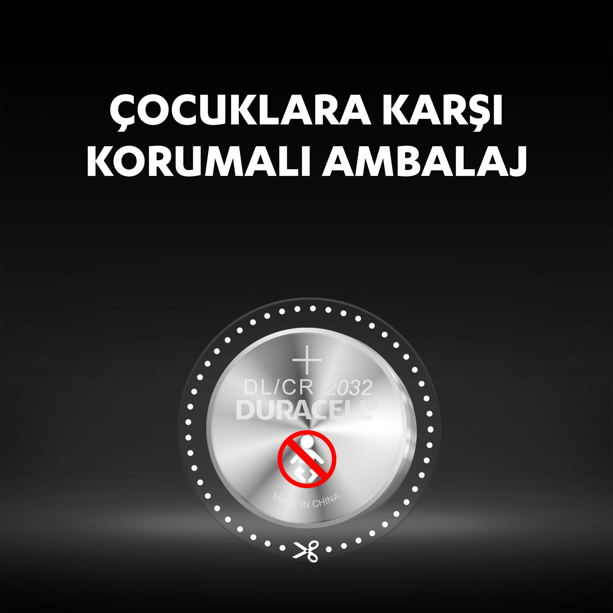 'DL/CR 2032' yazılı dairesel pil ve siyah arka planda yasak işareti.
