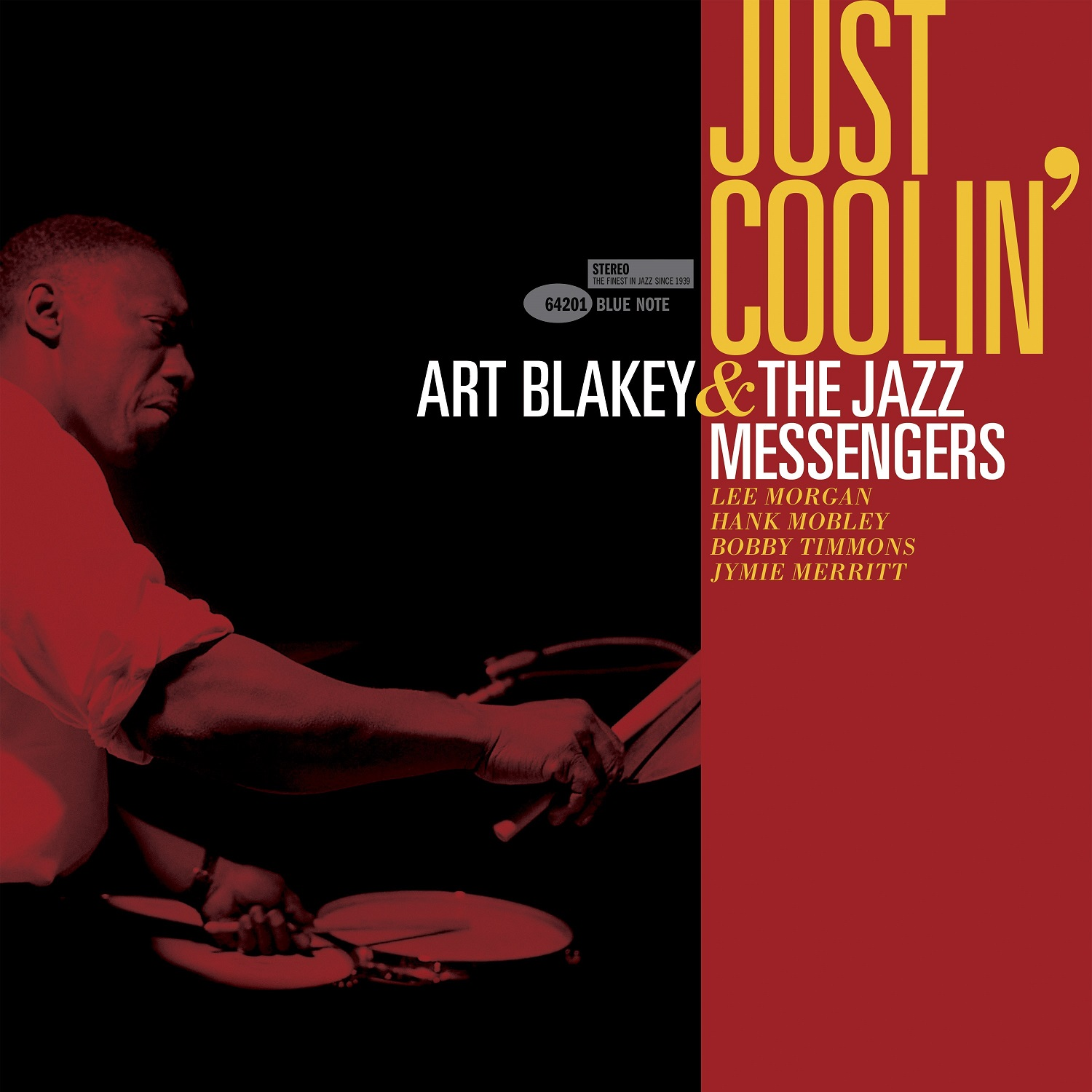 Pochette d'album de Art Blakey & The Jazz Messengers, avec un homme jouant de la batterie et texte rouge et jaune.