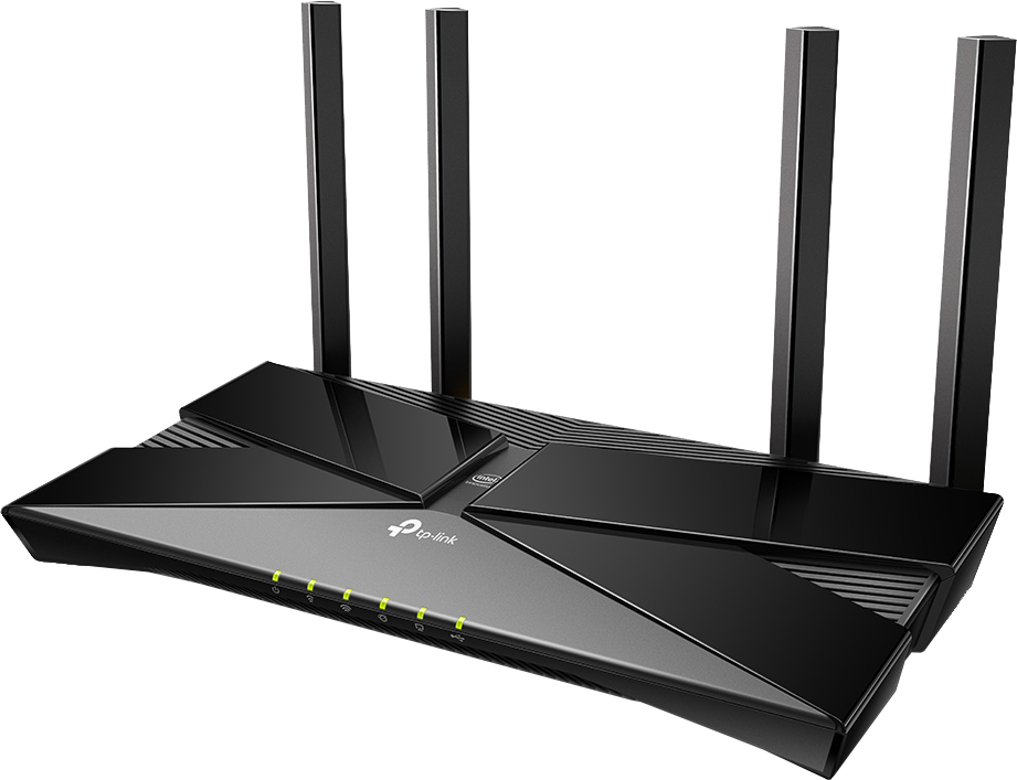 Fekete TP-Link Wi-Fi router antennákkal, szögletes nézetben, sötét háttérrel.