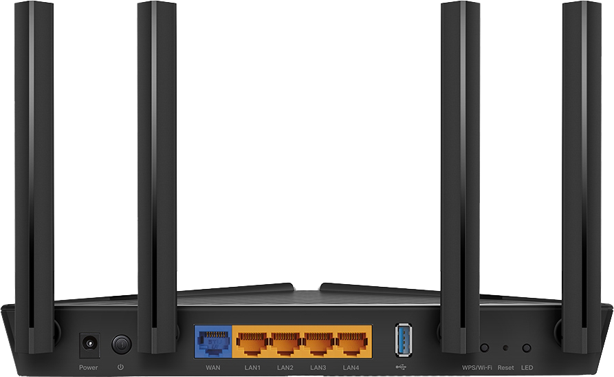 Fekete router portokkal, antennákkal és bekapcsológombbal.