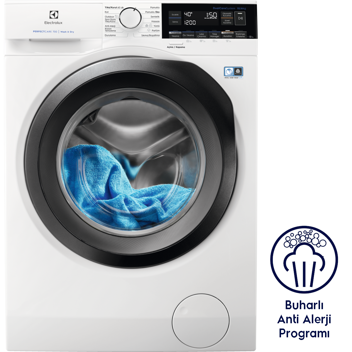 İçinde mavi bir havlu bulunan beyaz çamaşır makinesi. Makinede dijital bir ekran var ve 'Electrolux' olarak etiketlenmiş.