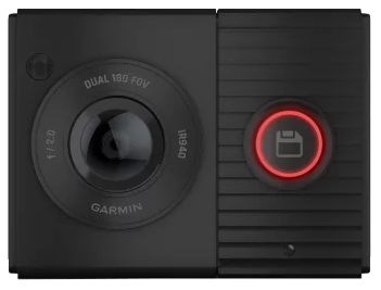 Zwarte dashcam met lens, een rode opnameknop en het Garmin-logo.