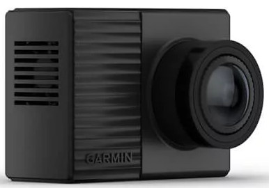 Zwarte dashcam met een lens en ventilatieopeningen. Het is gemonteerd op een witte achtergrond met de merknaam GARMIN.