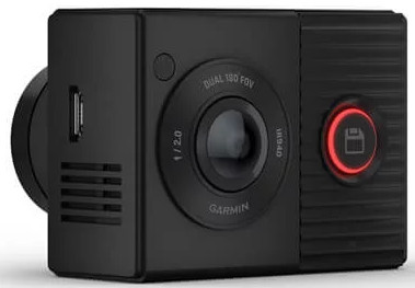 Zwarte Garmin dashcam. Lens, knoppen en een 'Dual 150 FOV' label.