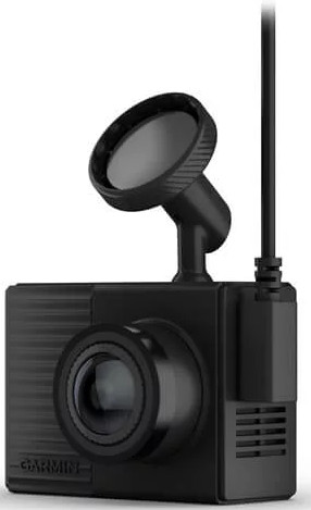 Zwarte Garmin dashcam met camera, scherm en verstelbare zwenkbevestiging.