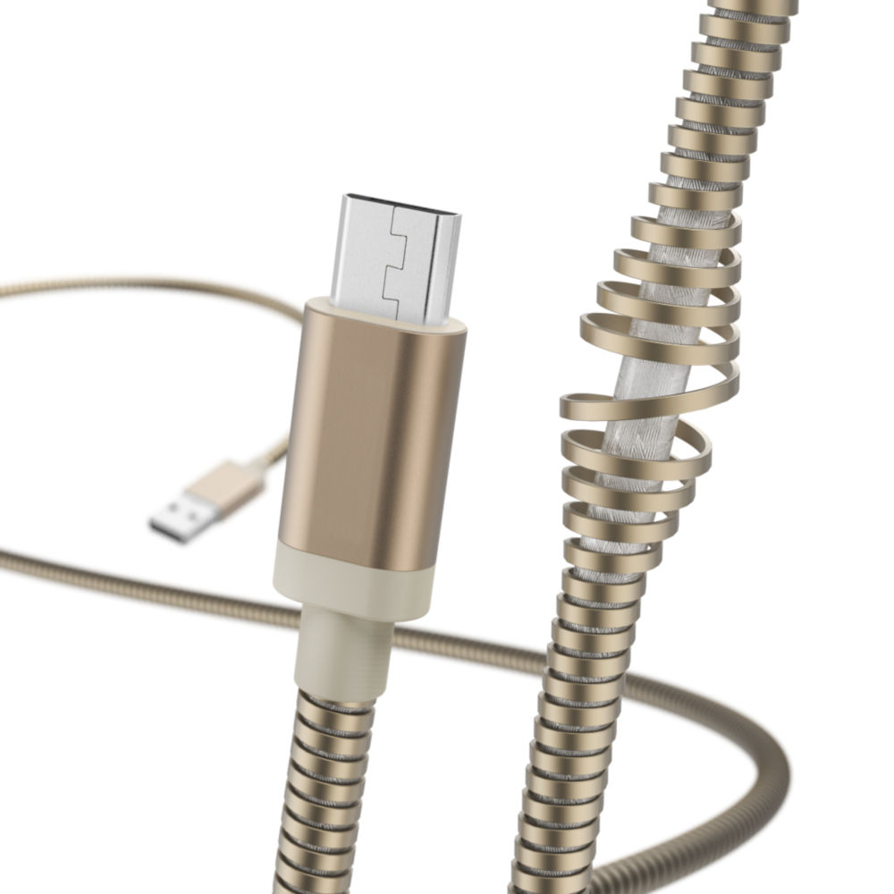 Gros plan sur un câble USB-C doré, sections enroulées et déroulées visibles.