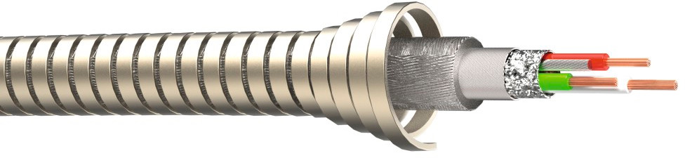 Vue en coupe d'un câble doré montrant les fils internes à l'intérieur d'une gaine en spirale.