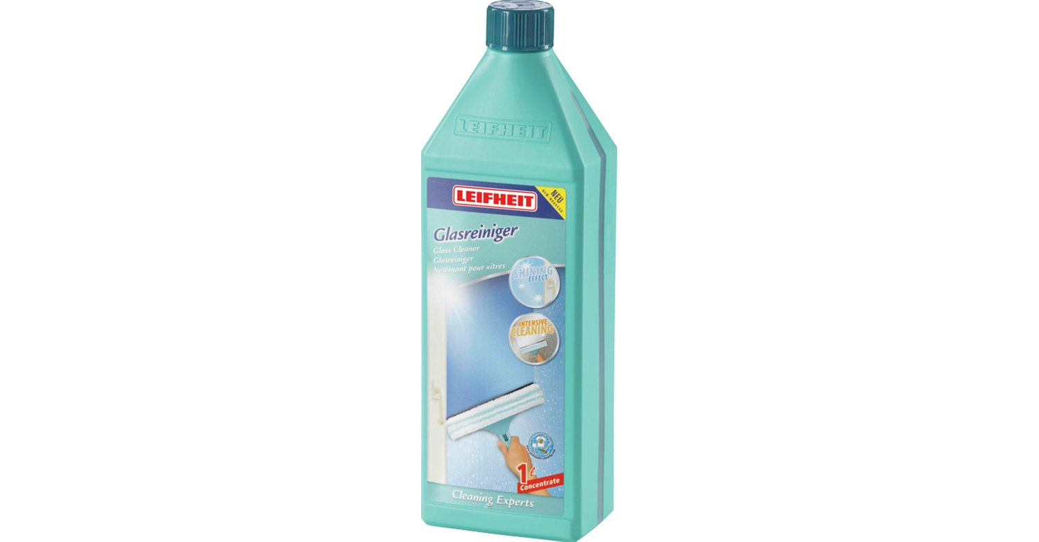 Grüne Flasche Leifheit Glasreiniger, weißer Hintergrund. Flasche hat Etikett und grünen Deckel.