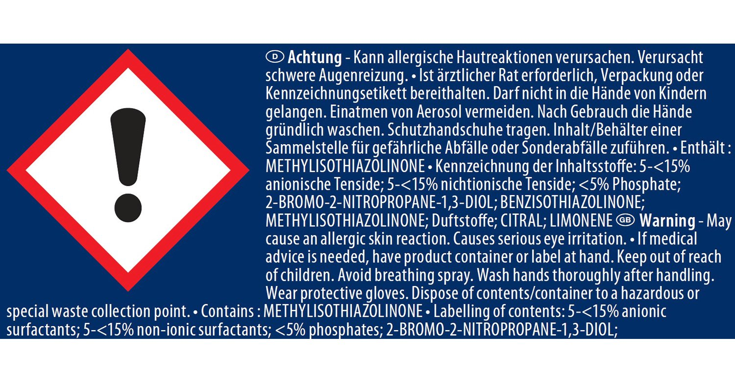 Warnschild mit Ausrufezeichen. Enthält Schadstoffe, kann allergische Reaktionen auslösen.