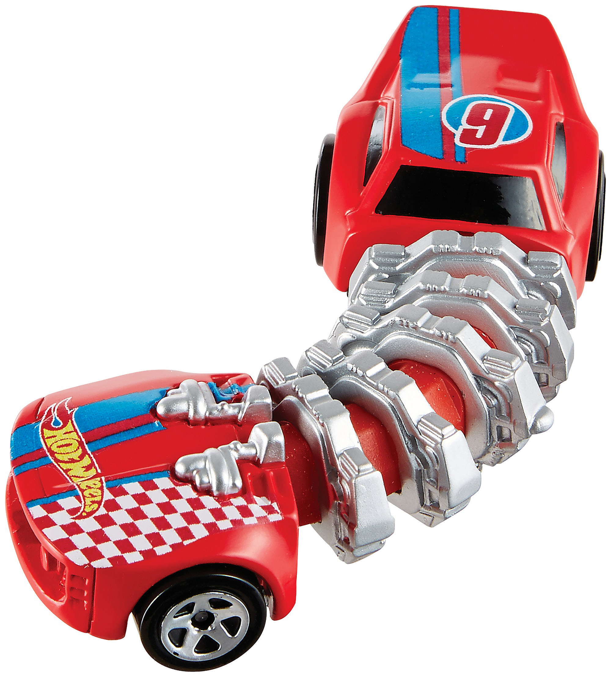 Ein rotes Hot-Wheels-Auto ist durch ein silbernes mechanisches Gelenk mit einem anderen verbunden. Das Auto hat blaue Streifen und eine Zielflagge.