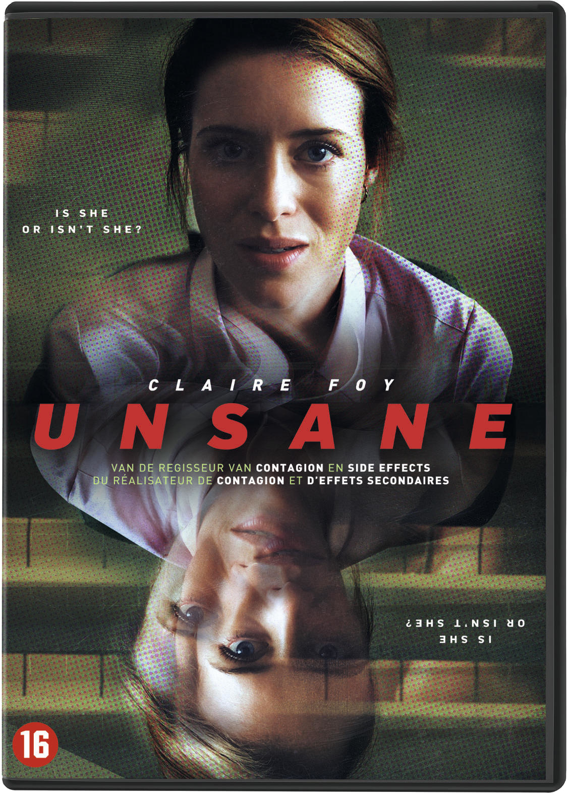 Couverture de film : Visage de femme, avec reflet. Texte : Unsane. Boîtier de disque Blu-ray.