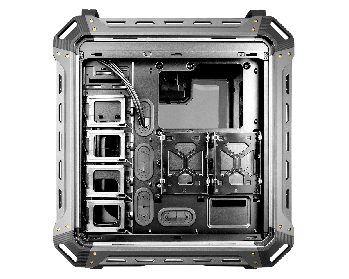 Innenansicht eines Computergehäuses. Es ist grau und schwarz, mit sichtbaren Öffnungen und Befestigungspunkten.