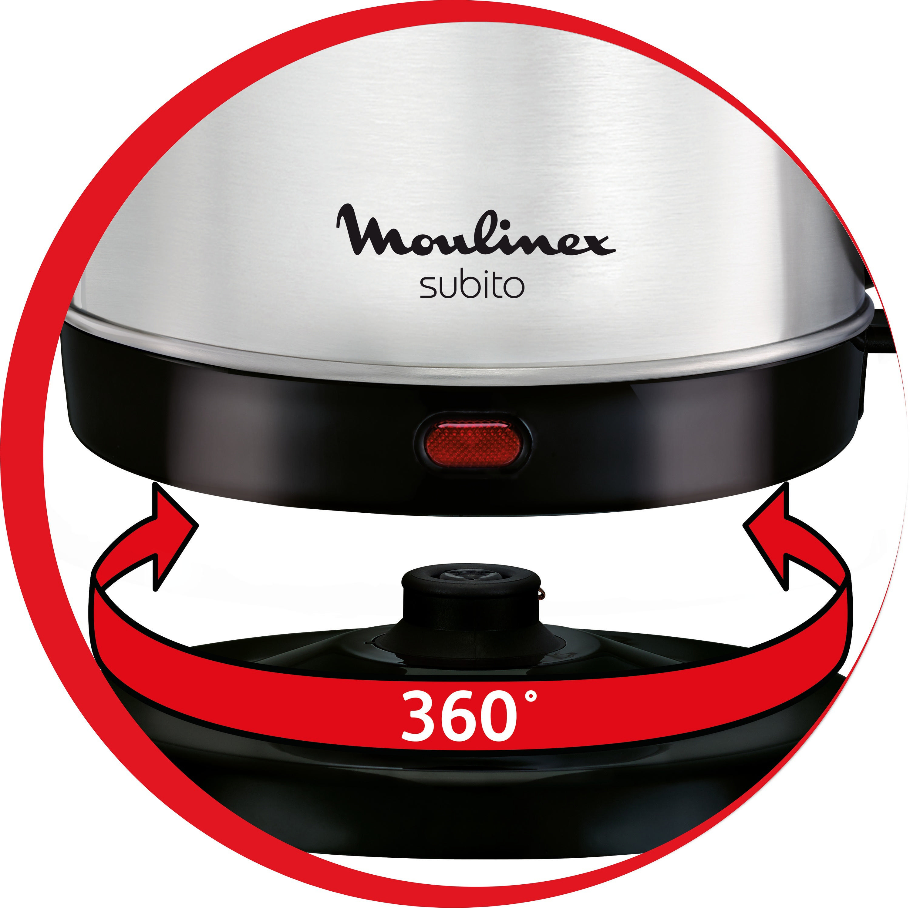 Moulinex-Kessel mit 360°-Drehung, rote Pfeile.