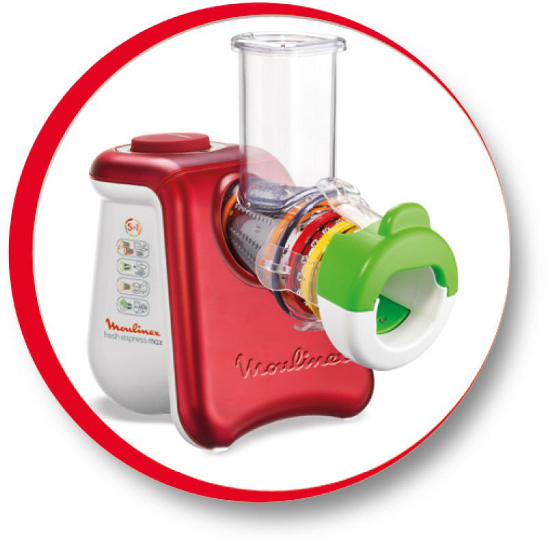 Roter Moulinex-Küchenmixer, Nahaufnahme, die Klinge und den transparenten Behälter zeigend.