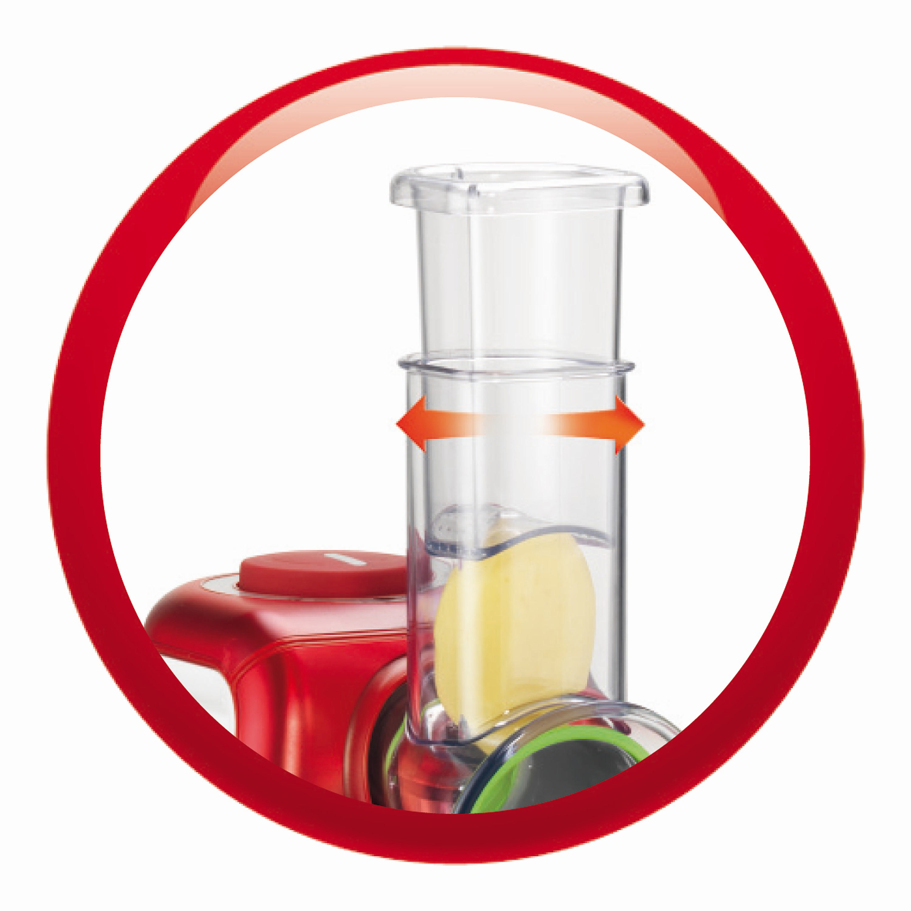 Roter Moulinex-Küchenmixer, mit der Kartoffelscheibe, die in einen transparenten Behälter geht.