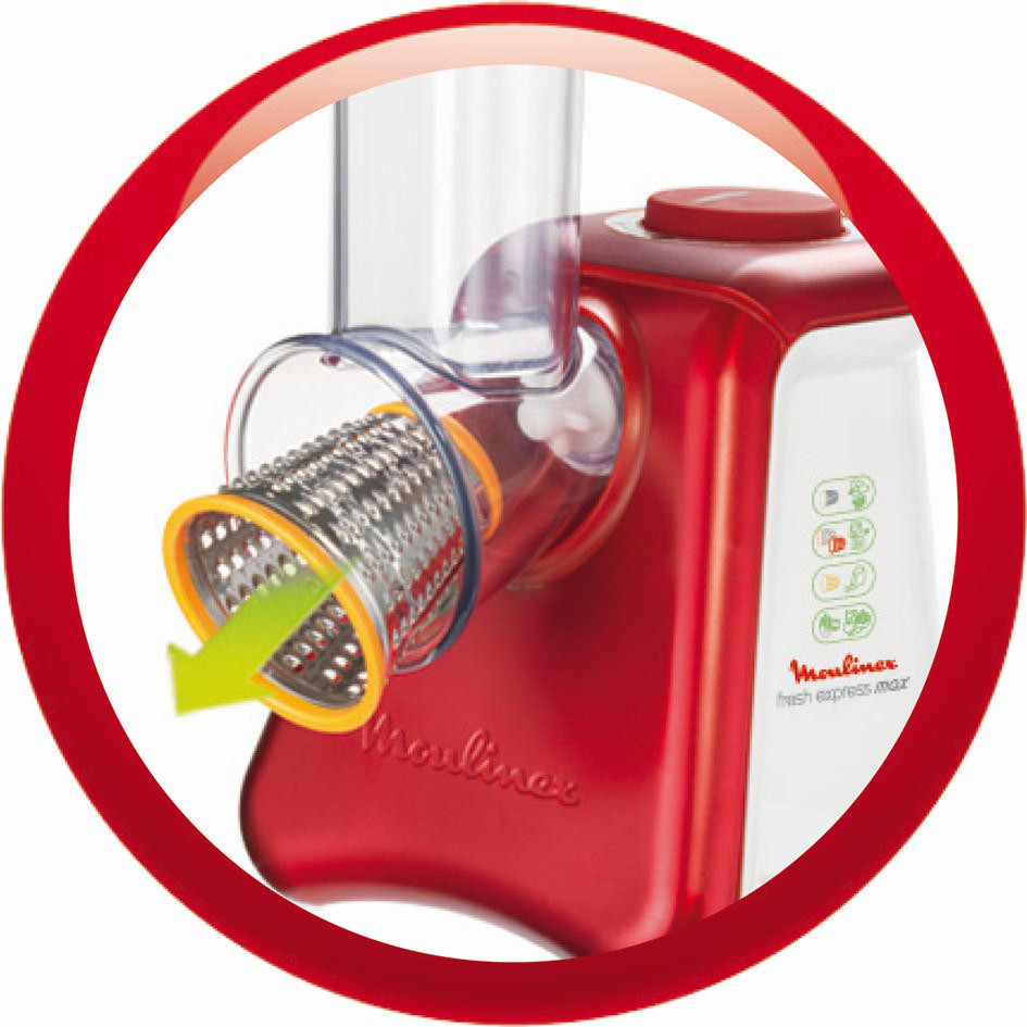 Nahaufnahme des Moulinex Fresh Express Max Geräts, das Lebensmittel zerkleinert.