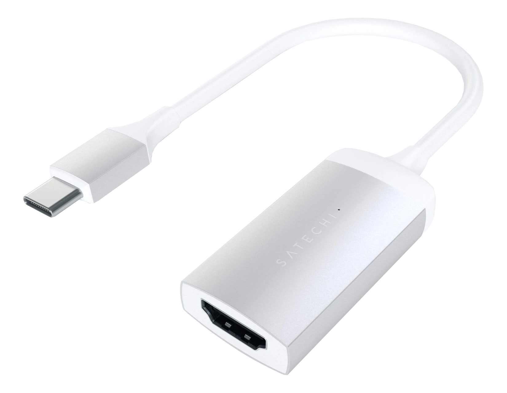 Weißer USB-C-zu-HDMI-Adapter. Weißes Kabel und Anschlüsse. Schwarzer Hintergrund.