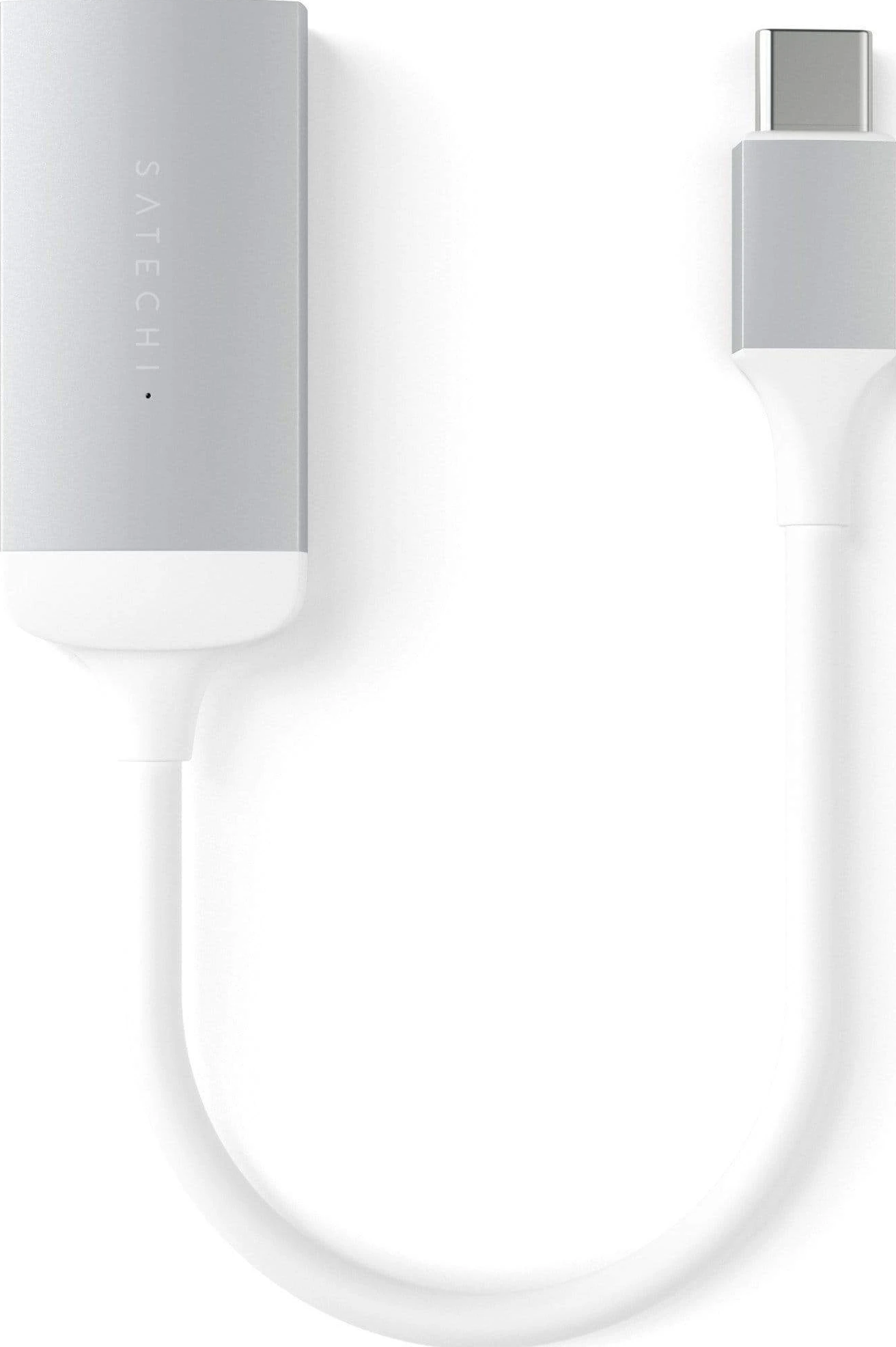 Silbernes und weißes Satechi USB-C Adapterkabel auf weißem Hintergrund.