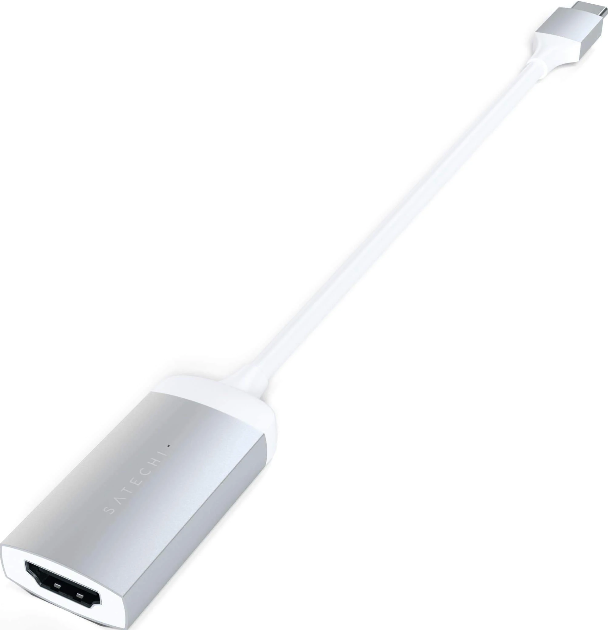 Silberner HDMI-zu-USB-C-Adapter. Der Adapter ist mit einem weißen Kabel verbunden.