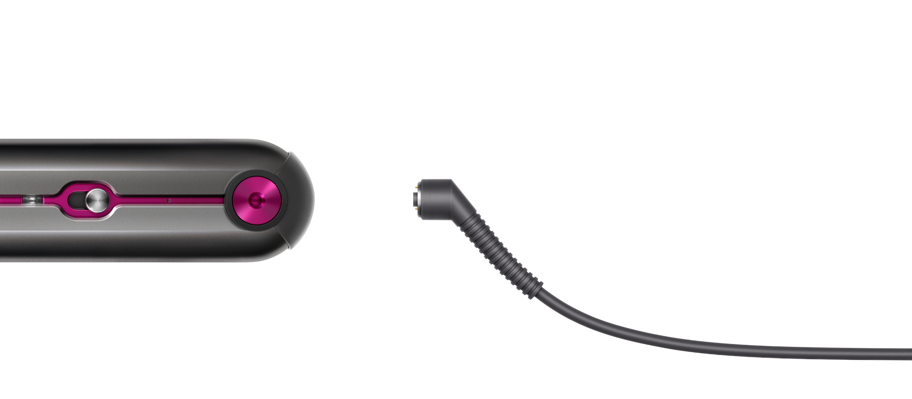 Ein Dyson-Haarglätter mit schwarzem Gehäuse und pinkfarbenem Knopf und schwarzem Kabel.