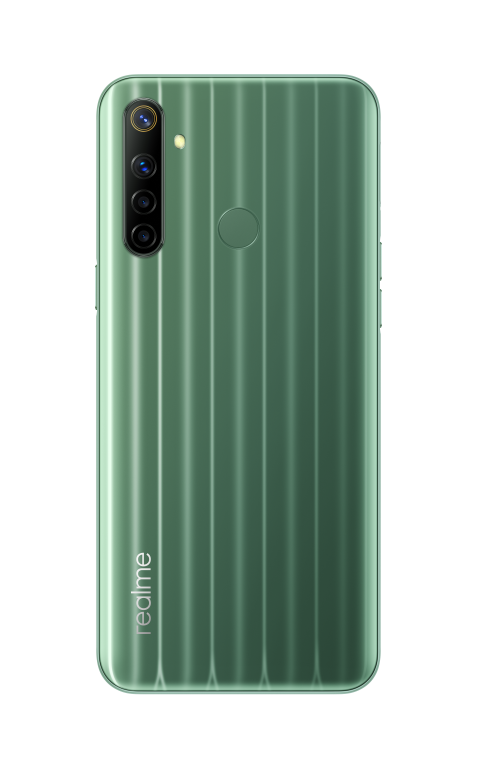 Parte trasera verde del teléfono Realme con cámaras, escáner de huellas y nombre de la marca.
