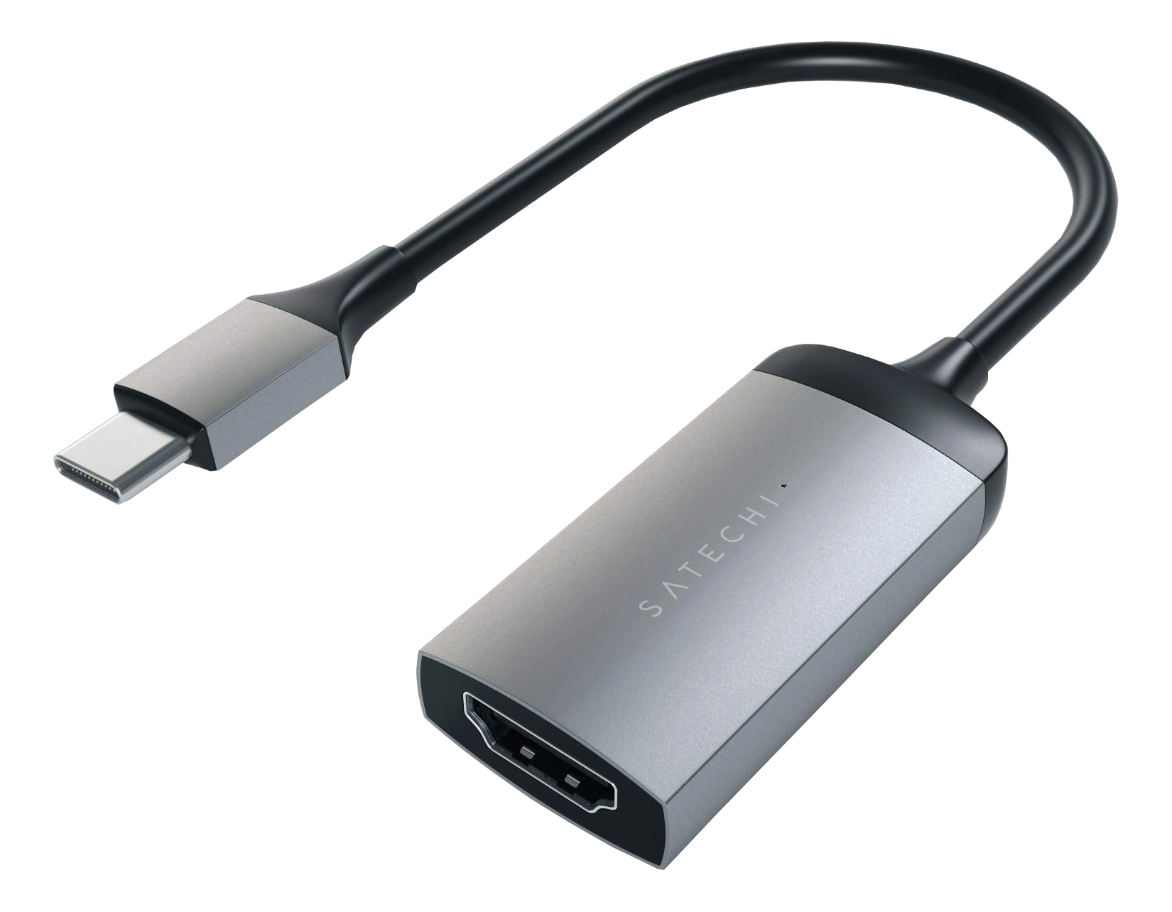 Un adaptateur HDMI vers USB-C argenté de Satechi. Un câble noir relie les deux extrémités.