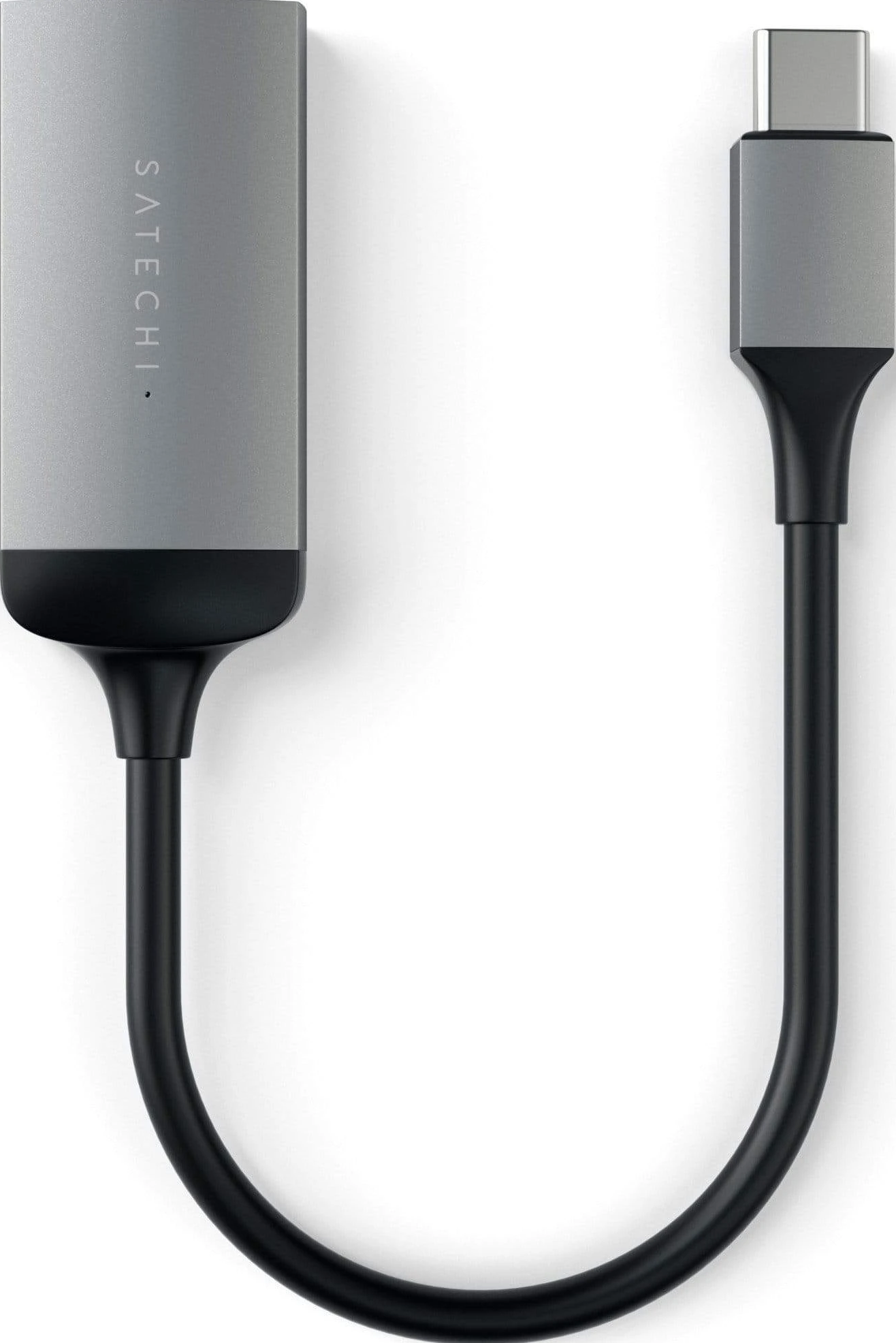 Câble adaptateur USB-C vers USB-C Satechi argenté avec câble et connecteur noir.