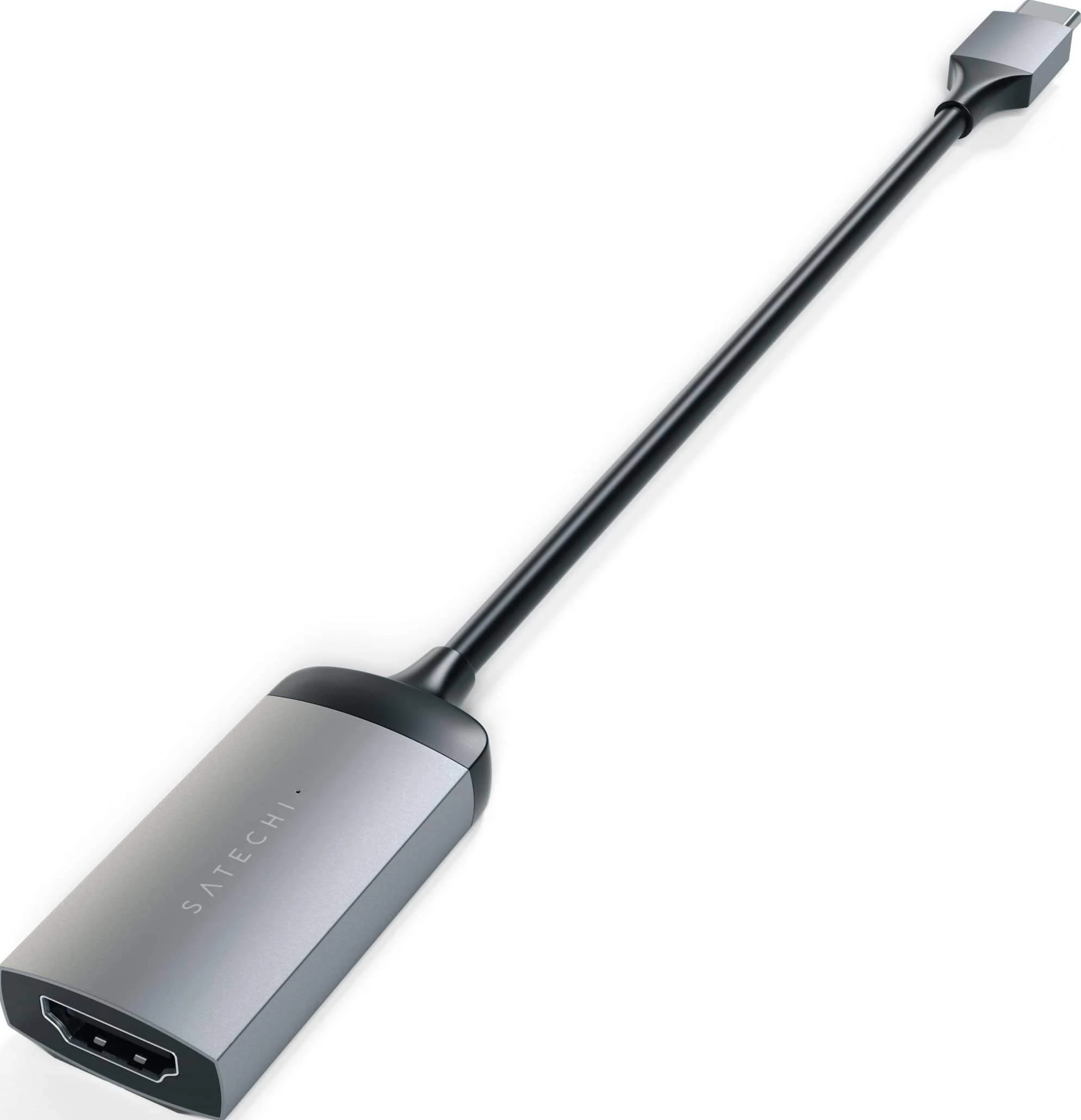 Câble adaptateur HDMI vers USB-C argenté avec un câble noir.