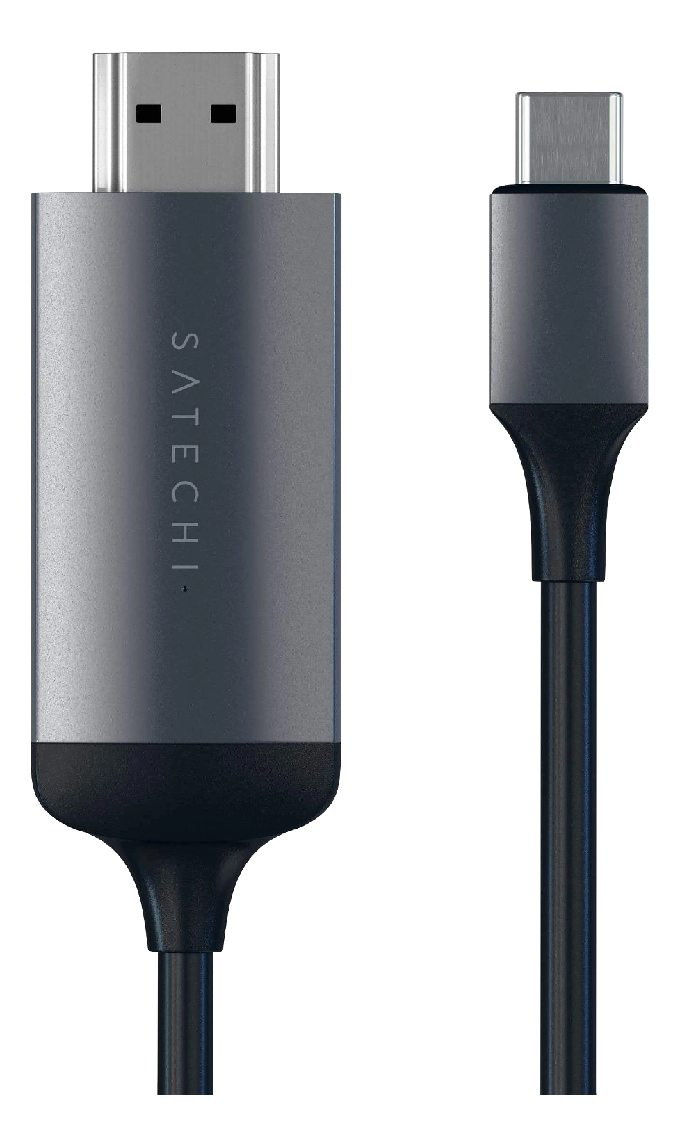 HDMI-zu-USB-C-Kabel, dunkelgrau, mit Satechi-Branding auf dem HDMI-Anschluss.