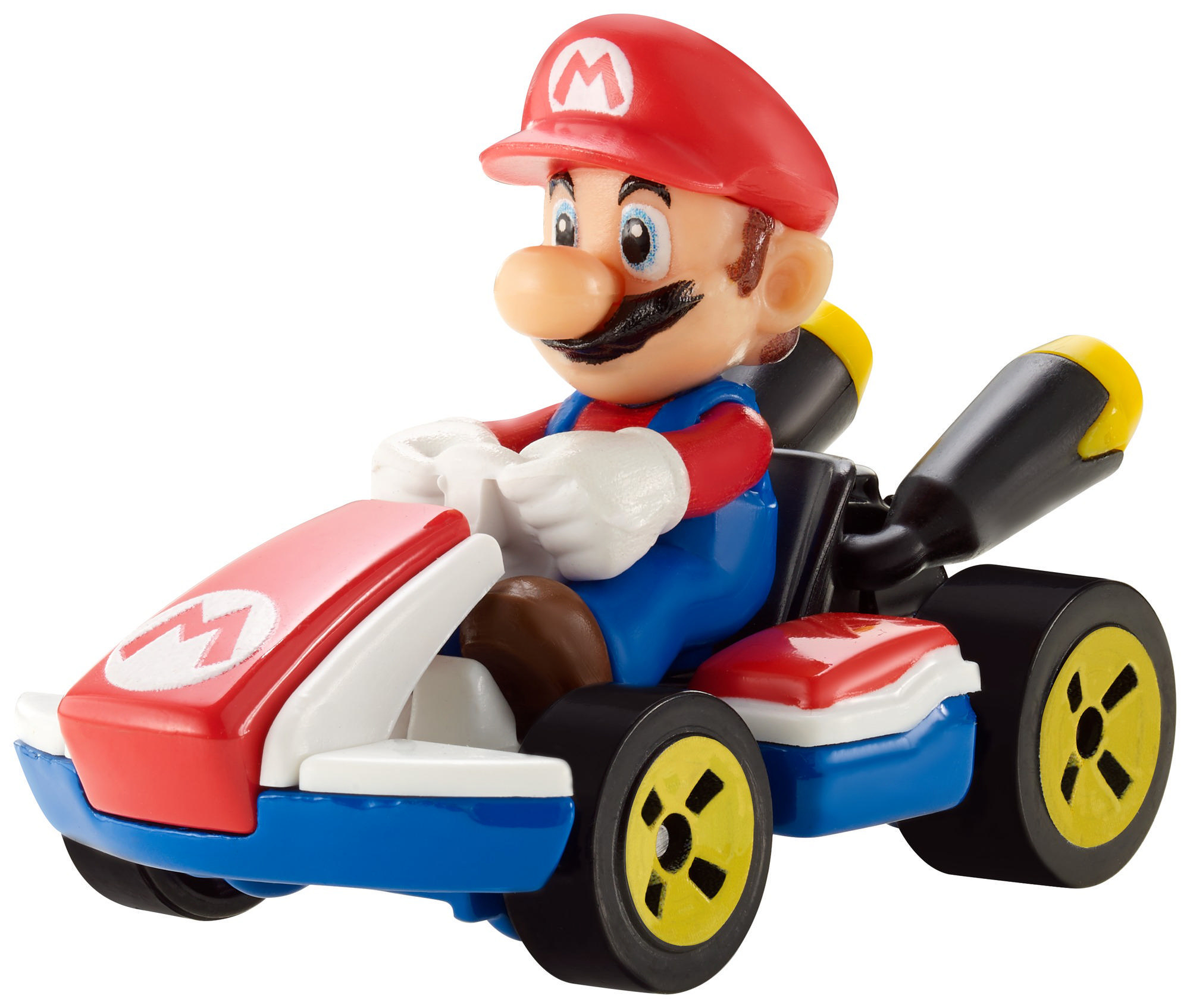 Mario-Spielzeug in einem rot-blauen Kart mit gelb-schwarzem Auspuff.