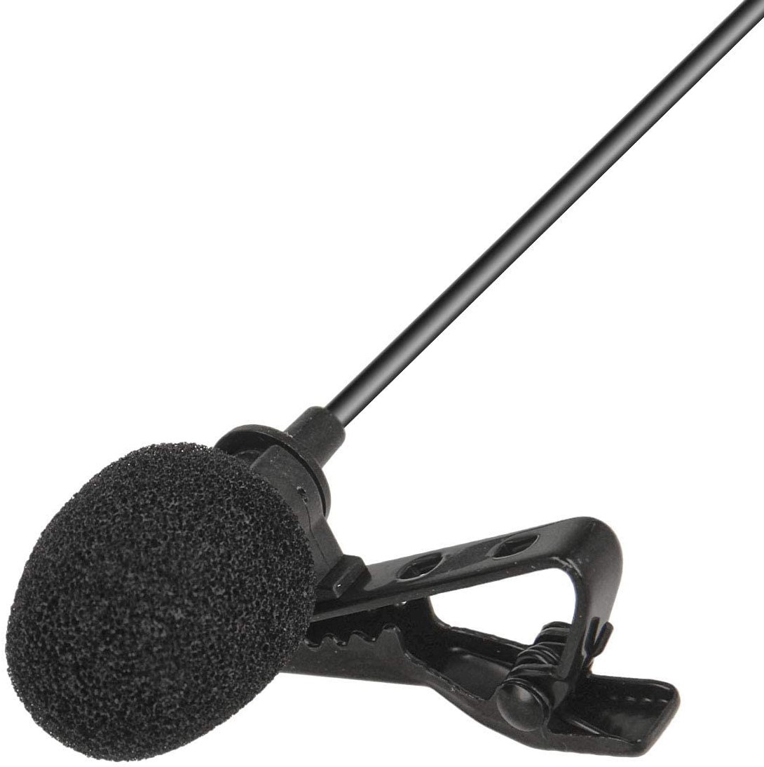 Micro cravate noir avec pince. Le microphone a un revêtement en mousse.