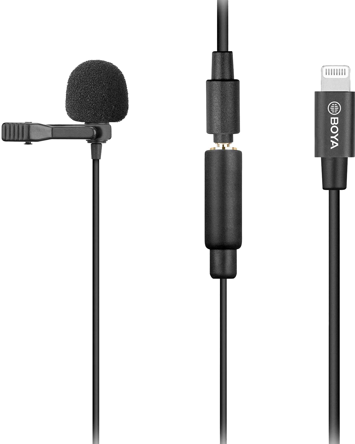 Ein schwarzes Mikrofon mit Schaumstoffabdeckung, verbunden mit einem Kabel und Lightning-Anschluss.